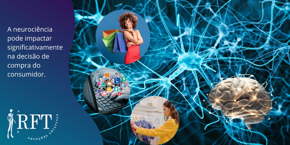 A imagem contém neurônios de fundo, com um cérebro, uma mulher comprando, uma com sacolas de compras, mãos digitando um teclado de notebook, junto a um texto falando do impacto da neurociência na decisão de compra.