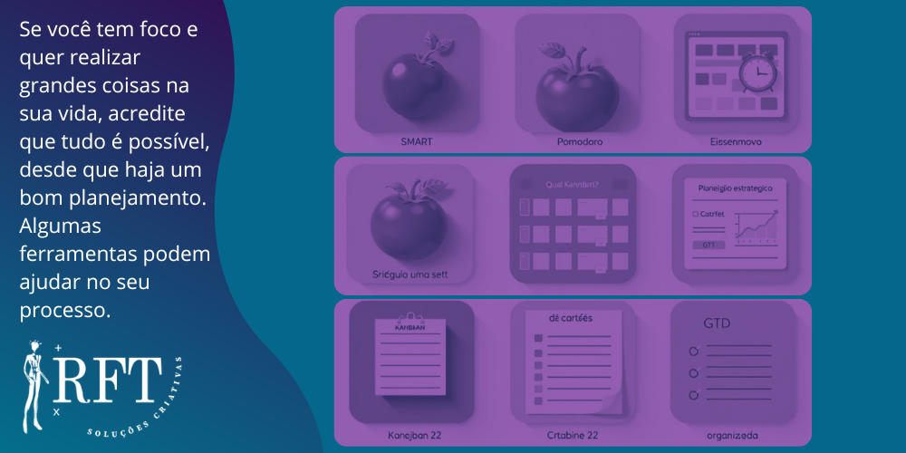 Imagem de ferramentas de planejamento com descrição sobre realizar grandes coisas na vida com planejamento.