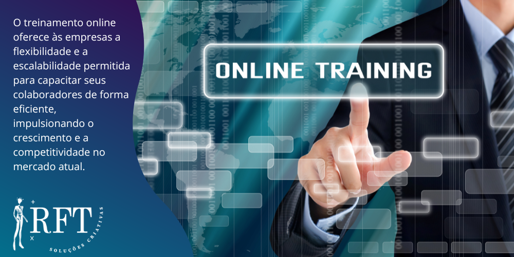 A imagem contém uma pessoa apontando uma escrita virtual onde consta online training. Junto a um texto falando das vantagens do curso virtual.